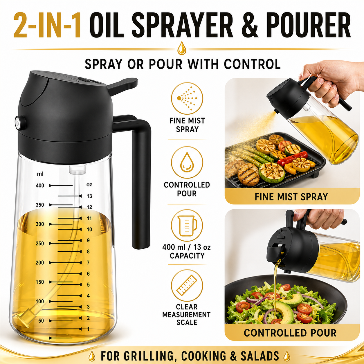 TrendPlain Glass Olive Oil Sprayer & Dispenser (16 oz)